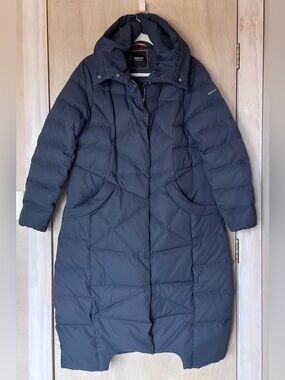 Orolay Long Maxi Down Puffer Coat Navy Blue Hooded Zip Snaps Women’s L Warm
